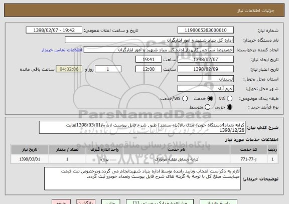 استعلام کرایه تعداد4دستگاه خودرو مدل بالا(پژو-سمند) طبق شرح فایل پیوست ازتاریخ1398/03/01لغایت 1398/12/28