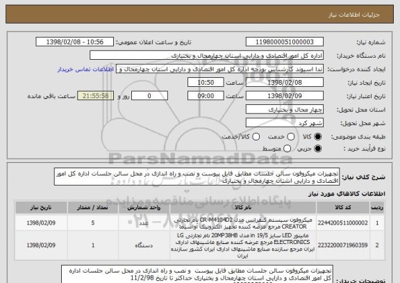 استعلام تجهیزات میکروفون سالن جلسات مطابق فایل پیوست و نصب و راه اندازی در محل سالن جلسات اداره کل امور اقتصادی و دارایی استان چهارمحال و بختیاری 