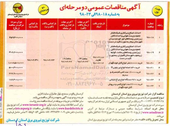 مناقصات عمومی احداث ، اصلاح و برکناری شبکه فشار ضعیف و پست هوایی و ... 