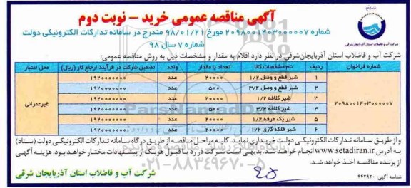 مناقصه عمومی, مناقصه خرید شیر قطع و وصل و ...نوبت دوم 