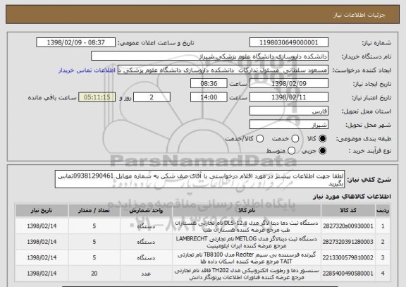 استعلام لطفا جهت اطلاعات بیشتر در مورد اقلام درخواستی با آقای صف شکن به شماره موبایل 09381290461تماس بگیرید 