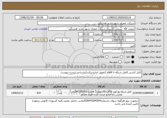 استعلام کابل کشی کامل شبکه با اقلام (تحویل انبارشرکت)براساس لیست پیوست