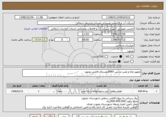 استعلام تجهیز چاه و نصب ترانس 25KVروستای قاضی بجنورد 