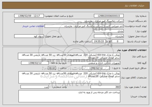 استعلام زونکن با مارک KW-trio (مشکی 220  عددa4-قهوهای 50عددa4- زرد 50 عددa4- نارنجی 30 عددa4- سایز کوچک مشکی  10 عددa5