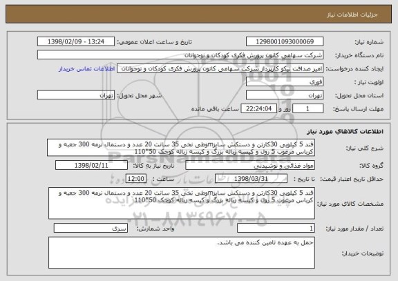 استعلام قند 5 کیلویی 30کارتن و دستکش سایزmوطی نخی 35 سانت 20 عدد و دستمال نرمه 300 جعبه و کرباس مرغوب 5 رول و کیسه زباله بزرگ و کیسه زباله کوچک 50*110