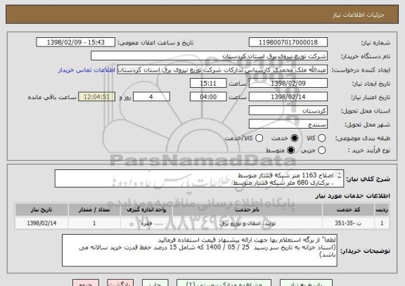 استعلام اصلاح 1163 متر شبکه فشار متوسط 
، برکناری 680 متر شبکه فشار متوسط 
روستای شوی شهرستان بانه –
 کلید در دست
