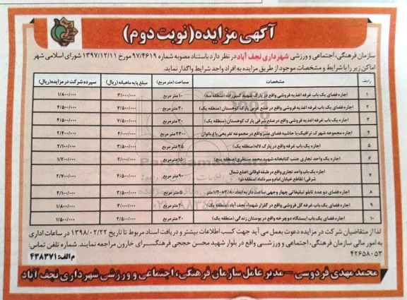 آگهی مزایده ,مزایده واگذاری اماکن شامل اجاره فضای یک باب غرفه اغذیه فروشی .... - نوبت دوم 