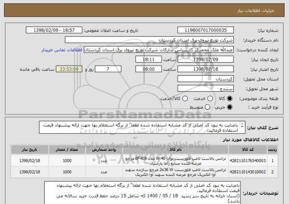 استعلام باعنایت به نبود کد اصلی از کد مشابه استفاده شده لطفا" از برگه استعلام بها جهت ارائه پیشنهاد قیمت استفاده فرمائید.
