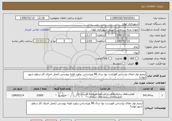 استعلام ترمیم نوار حفای براساس فهرست بها سال 98 وبراساس براورد اولیه پیوستی (محل اجرای کار سطح شهر ایوان)