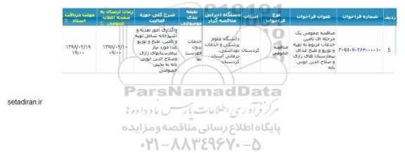 مناقصه عمومی, مناقصه تامین خدمات مربوط به تهیه و توزیع و طبخ غذای بیمارستان 