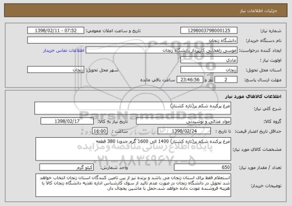 استعلام مرغ پرکنده شکم پر(تازه کشتار)