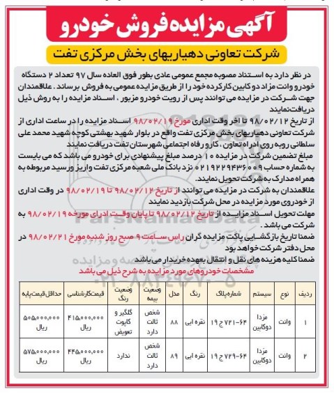 مزایده, مزایده تعداد 2 دستگاه خودرو وانت مزدا دوکابین کارکرده