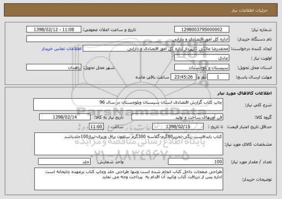 استعلام چاپ کتاب گزارش اقتصادی استان سیستان وبلوچستان در سال 96