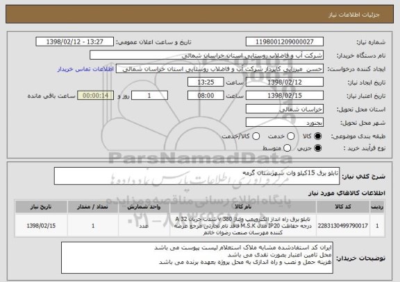 استعلام تابلو برق 15کیلو وات شهرستان گرمه 