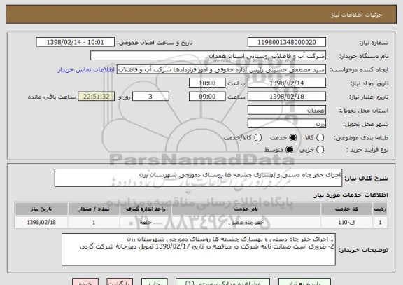 استعلام اجرای حفر چاه دستی و بهسازی چشمه ها روستای دمورچی شهرستان رزن