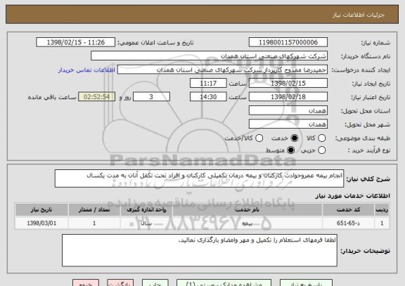 استعلام انجام بیمه عمروحوادث کارکنان و بیمه درمان تکمیلی کارکنان و افراد تحت تکفل آنان به مدت یکسال 