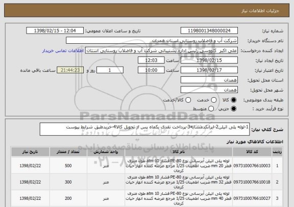 استعلام 1-لوله پلی اتیلن2-ایرانکدمشابه3-پرداخت نقدی یکماه پس از تحویل کالا4-خریدطبق شرایط پیوست