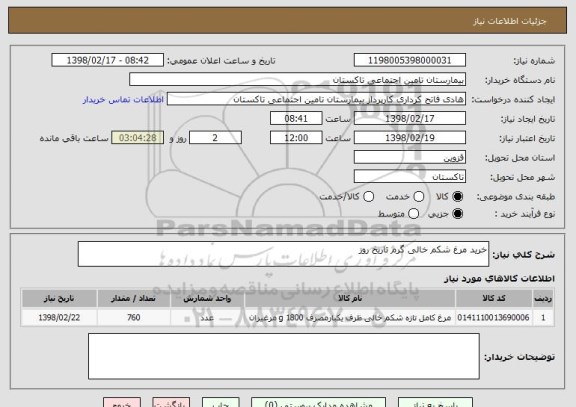 استعلام خرید مرغ شکم خالی گرم تاریخ روز