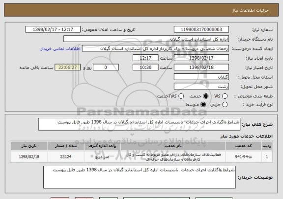 استعلام شرایط واگذاری اجرای خدمات  تاسیسات اداره کل استاندارد گیلان در سال 1398 طبق فایل پیوست 