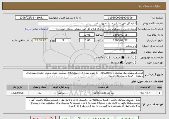 استعلام اجاره1دستگاه بیل مکانیکی(حداقل200  )باراننده بمدت15روزمعادل150ساعت جهت مرمت راههای عشایری منطقه   کمفه شهرستان اندیکا 