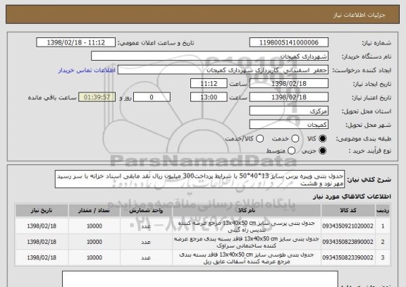 استعلام جدول بتنی ویبره پرس سایز 13*40*50 با شرایط پرداخت300 میلیون ریال نقد مابقی اسناد خزانه با سر رسید مهر نود و هشت