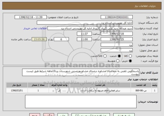 استعلام پاسخگویی تلفنی به متقاضیان مشاوره درصدای مشاوربهزیستی شهرستان یزد10ماهه شرایط طبق لیست پیوست