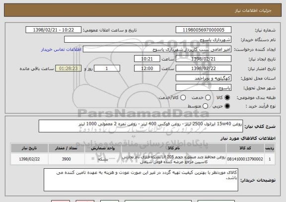 استعلام روغن 15w40 ایرانول 2500 لیتر - روغن فوکس 400 لیتر - روغن نمره 2 معمولی 1000 لیتر