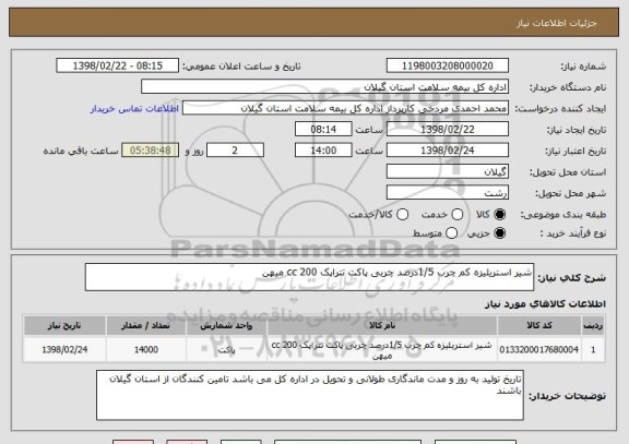 استعلام شیر استریلیزه کم چرب 1/5درصد چربی پاکت تتراپک 200 cc میهن 