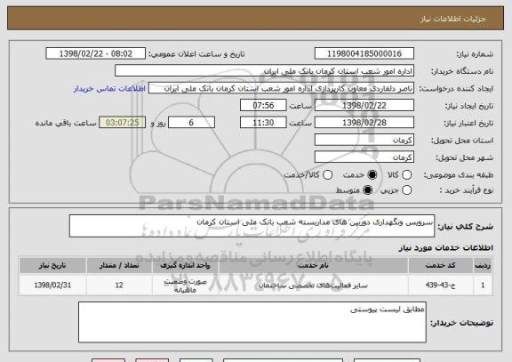 استعلام سرویس ونگهداری دوربین های مداربسته شعب بانک ملی استان کرمان 