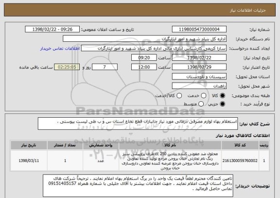 استعلام استعلام بهاء لوازم مصرفی درمانی مورد نیاز جانبازان قطع نخاع استان س و ب طی لیست پیوستی ، 