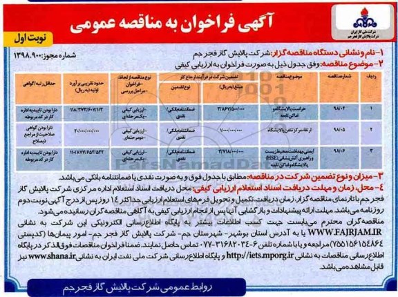 مناقصه عمومی, مناقصه حراست پالایشگاه و اماکن تابعه و ...