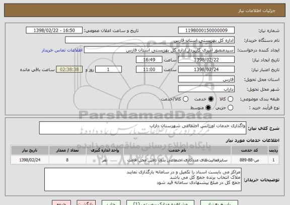 استعلام واگذاری خدمات اورژانس اجتماعی شهرستان داراب