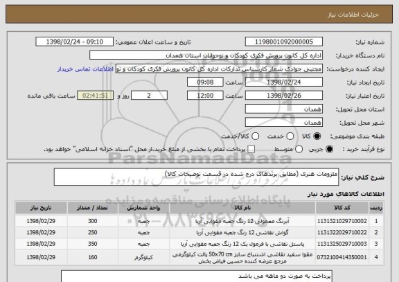 استعلام ملزومات هنری (مطابق برندهای درج شده در قسمت توضیحات کالا)