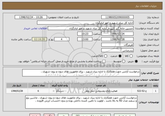 استعلام درخواست آژانس جهت همکاری با اداره بنیاد شهید ، برای ماموریت های درون و برون شهری . 