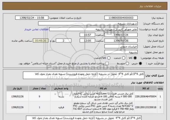 استعلام کابل 4*2.5و کابل 4*4  تحویل در بشرویه (کرایه حمل بعهده فروشنده) تسویه نقدی بعداز تحول کالا 