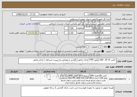 استعلام  لامپ LED  20 W (طرح FPL ) مارک نمانور ( آفتابی و مهتابی به نسبت مساوی ) مارک نمانور