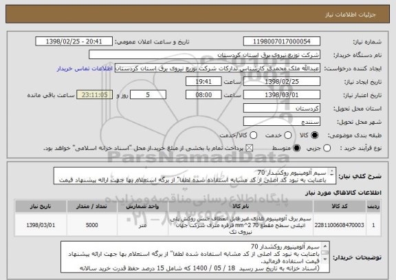 استعلام سیم آلومینیوم روکشدار 70
باعنایت به نبود کد اصلی از کد مشابه استفاده شده لطفا" از برگه استعلام بها جهت ارائه پیشنهاد قیمت استفاده فرمائید.

