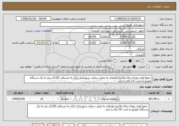 استعلام  جمع آوری روزانه زباله مکانیزه وانتقال به محل سماند شهرداری اراک به مسافت 120ک نیاز به یک دستگاه خودرو به مدت 10 ماه را دارد. 