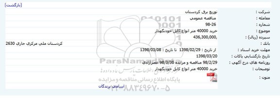 مناقصه خرید 40000 متر انواع کابل خودنگهدار 