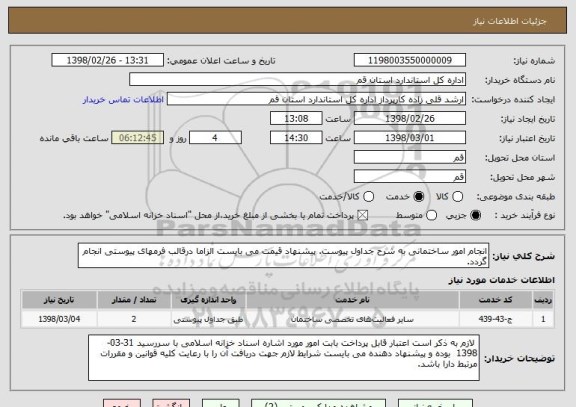 استعلام انجام امور ساختمانی به شرح جداول پیوست. پیشنهاد قیمت می بایست الزاما درقالب فرمهای پیوستی انجام گردد.