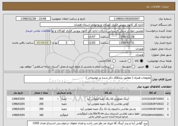 استعلام ملزومات هنری ( مطابق برندهای ذکر شده در توضیحات )