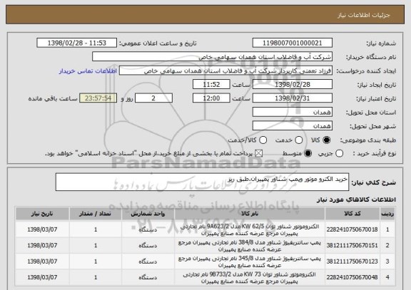 استعلام خرید الکترو موتور وپمپ شناور پمپیران.طبق ریز