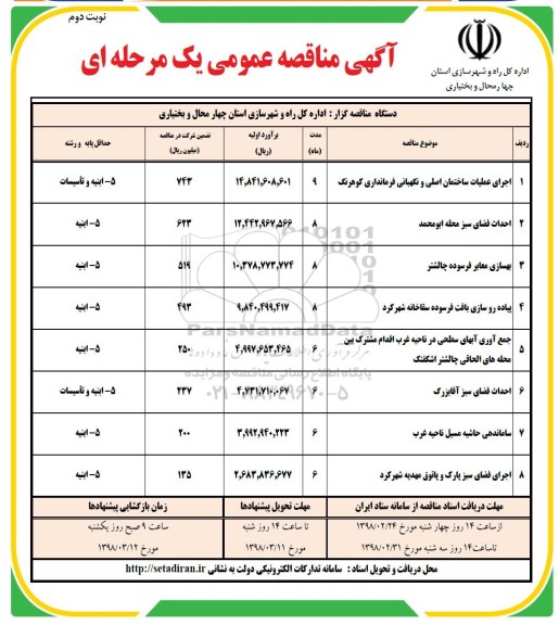 آگهی مناقصه عمومی, مناقصه اجرای عملیات ساختمان اصلی و نگهبانی فرمانداری و ... نوبت دوم