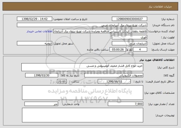 استعلام خرید انواع کابل فشار ضعیف آلومینیومی و مسی