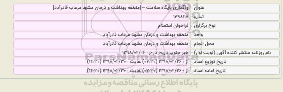 فراخوان استعلام, فراخوان استعلام واگذاری پایگاه سلامت