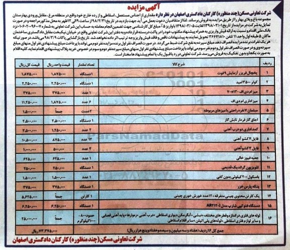 مزایده, مزایده مقداری از اجناس مستعمل، اسقاطی و از رده خارج 