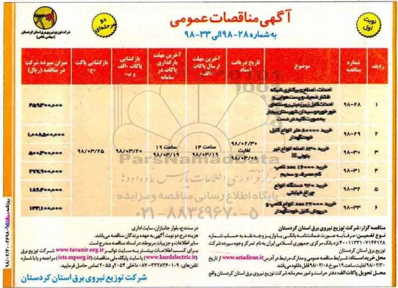 مناقصات عمومی, مناقصات احداث، اصلاح و برکناری شبکه فشار ضعیف... 