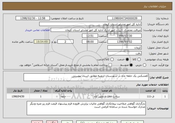 استعلام کفشکنی یک حلقه چاه در شهرستان ارزوییه مطابق اسناد پیوستی