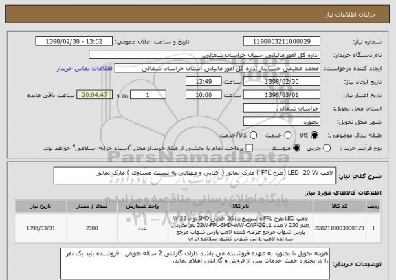 استعلام  لامپ LED  20 W (طرح FPL ) مارک نمانور ( آفتابی و مهتابی به نسبت مساوی ) مارک نمانور