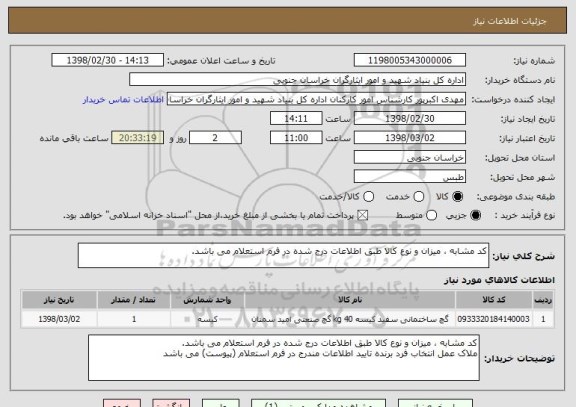 استعلام کد مشابه ، میزان و نوع کالا طبق اطلاعات درج شده در فرم استعلام می باشد.